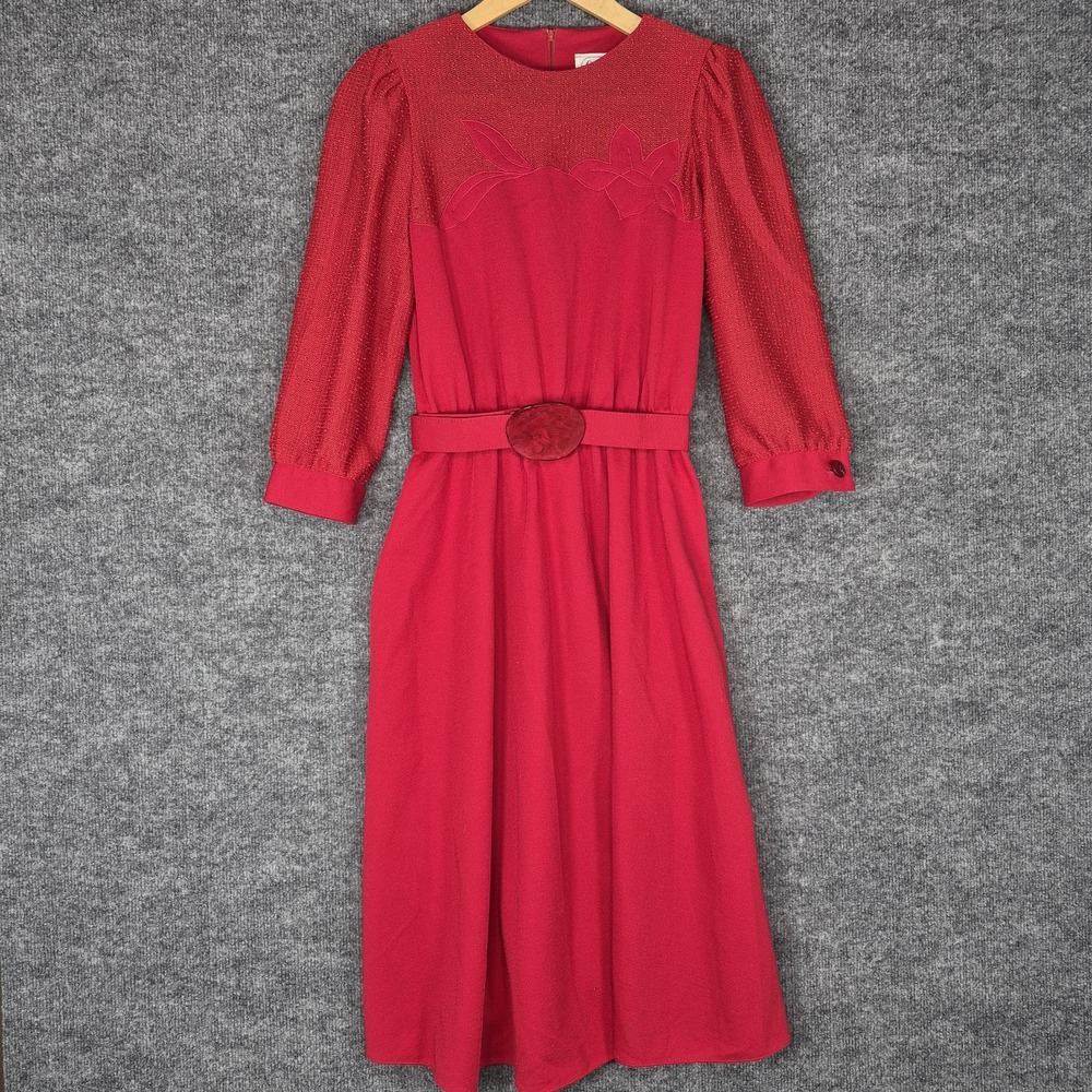 Vintage Leslie Fay red Puff‎ Sleeve Belted Dress Size 8 USA